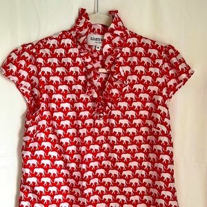 Elizabeth McKay 100% Silk Elephant Blouse, Size 14, Red & White